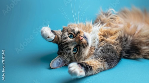 Cute cat lying on back with paws up on colored background. Relaxed and happy indoor cat with paws in the air. Fluffy long hair female kitty. Torbie or calico cat. Selective focus. Blue background. photo