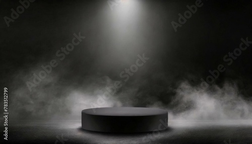 Podium black dark smoke background product platform abstract stage texture fog spotlight. Dark black floor podium dramatic empty night room table concrete wall scene place display studio smoky dust, 