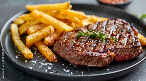 Beef Steak medium rare with French fries on a black plate. Grey background. Close up. photo