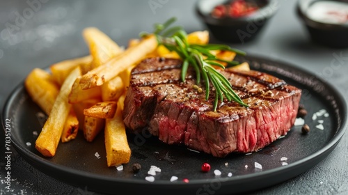Beef Steak medium rare with French fries on a black plate. Grey background. Close up. photo