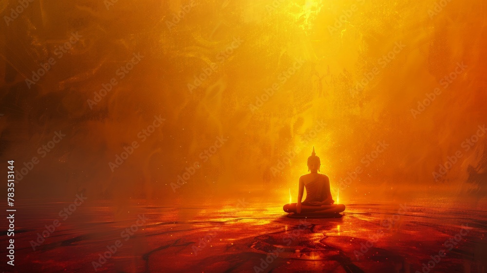 Buddha with candle light shining through from behind. The background is yellow, Buddha with candle light shining through from behind. The background is yellow,