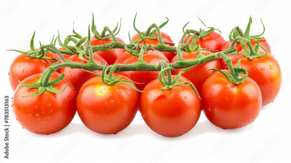 Bunch of fresh, red tomatoes with green stems isolated on white background.