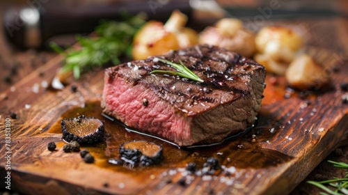 Chateaubriand steak with foie gras and truffle, French dish