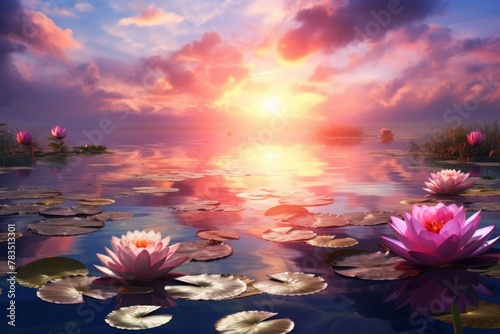Water lilies in the lake on the background of the sunset