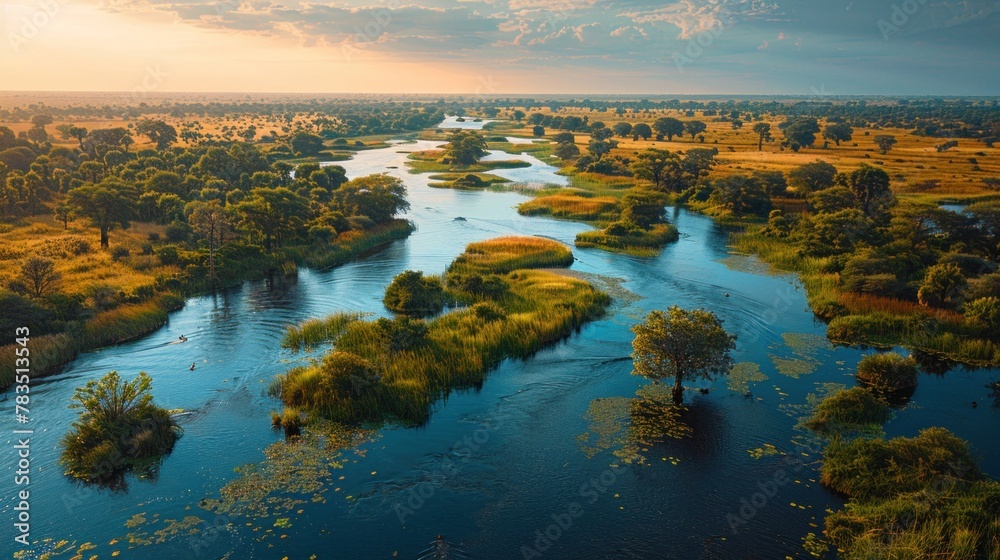 A breathtaking aerial shot of the Okavango Delta, with its intricate network of waterways teeming with wildlife.