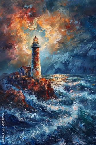 van gough inspirated light house, oil painting photo