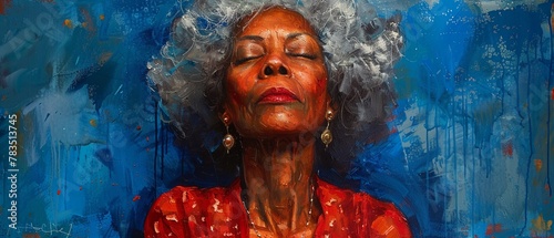 An expressionist painting of a glamorous, mature African American woman with silver curly hair and impeccable makeup 