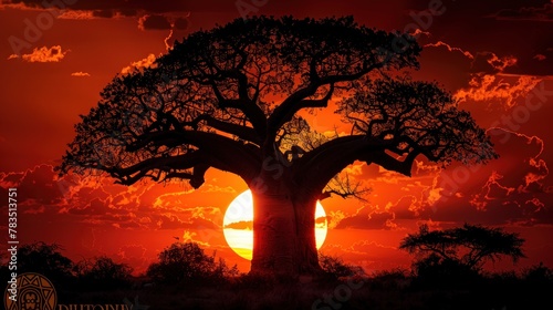 A majestic baobab tree silhouetted against the fiery hues of an African sunset, its ancient branches reaching towards the sky.