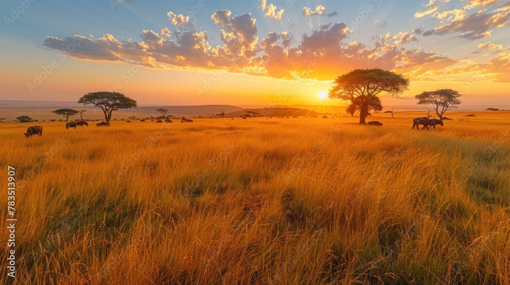 A serene sunrise over the Masai Mara, casting a golden glow upon the vast plains and distant acacia trees.