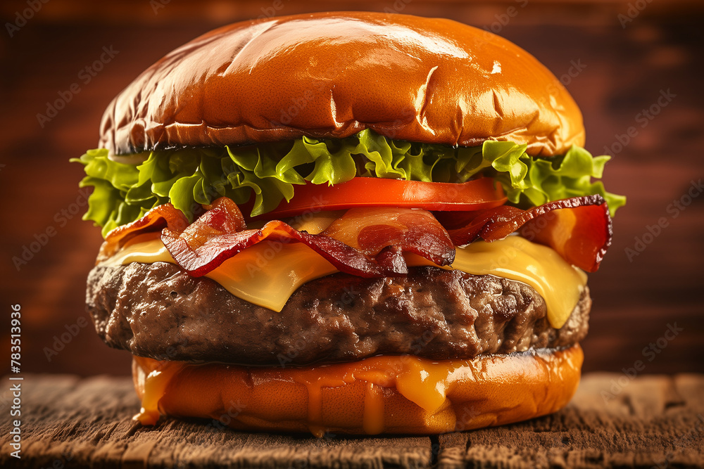Juicy Burger Delight: American-Style with Gooey Cheddar Cheese - obrazy, fototapety, plakaty 