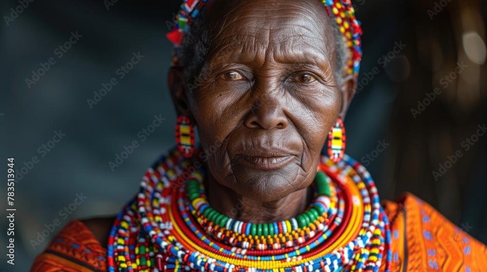 A striking portrait of a Maasai woman adorned in traditional attire, her dignified expression capturing the essence of African beauty.