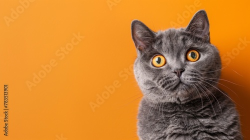funny british shorthair cat portrait looking shocked or surprised on orange background with copy space