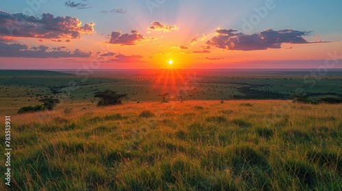 A serene sunrise over the Masai Mara, casting a golden glow upon the vast plains and distant acacia trees.