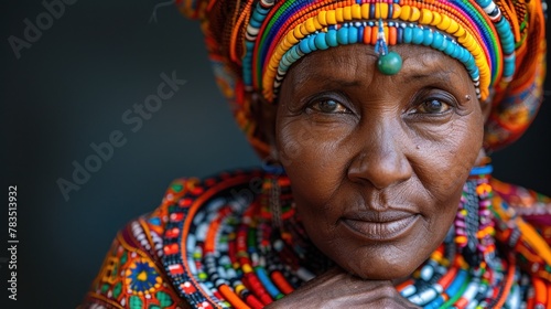 A striking portrait of a Maasai woman adorned in traditional attire, her dignified expression capturing the essence of African beauty.