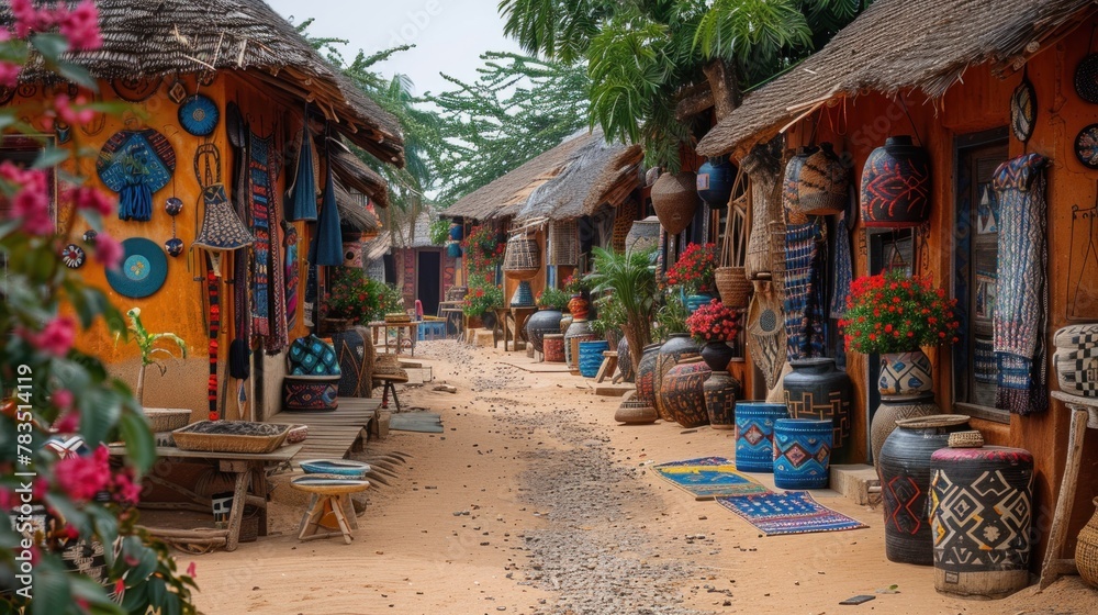 Obraz premium A traditional African village adorned with colorful decor, reflecting the warmth and hospitality of its inhabitants.