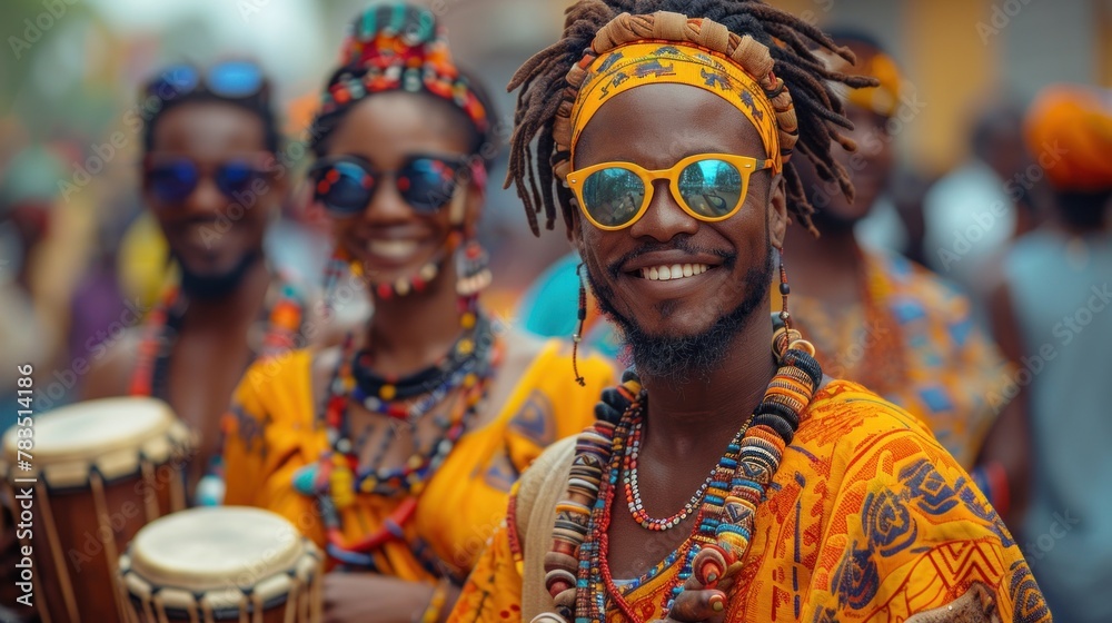 Fototapeta premium A vibrant street scene captured during a traditional African festival, alive with music, dance, and cultural celebration.