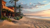 A tranquil oasis in the heart of the desert, where palm trees sway gently in the breeze against a backdrop of sand dunes.