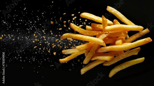 French fries - fried potatoes flying. Fly fastfood isolated on black background.