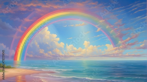 Rainbow against a background of blue sky and sea. Sky after rain