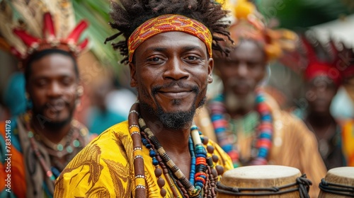 A vibrant street scene captured during a traditional African festival, alive with music, dance, and cultural celebration.