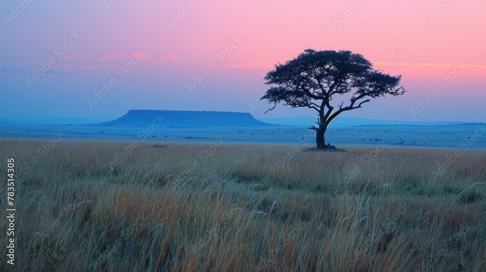 A serene landscape of the Serengeti at dawn, where the soft hues of the sky blend seamlessly with the vast plains below. - obrazy, fototapety, plakaty 