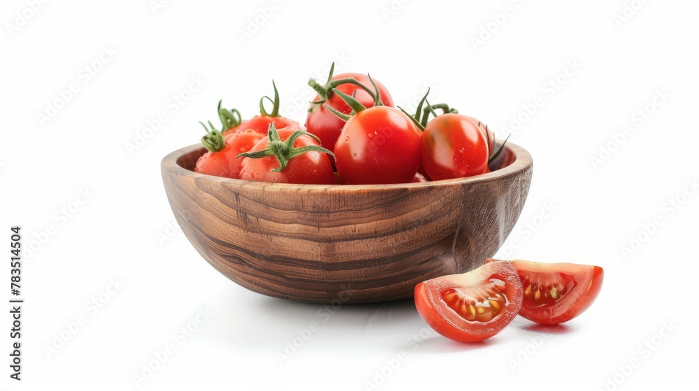 Fresh red cherry tomatoes with half sliced in wooden bowl isolated on white background. Fresh red cherry tomatoes with half sliced in wooden bowl isolated on white background.