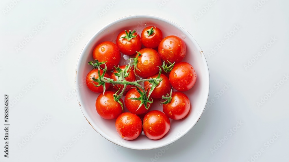 Fresh ripe cherry tomatoes in bowl on white background, top view Fresh ripe cherry tomatoes in bowl on white background, top view