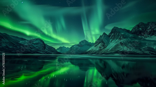 Northern Lights over snowy mountains. Aurora borealis with starry in the night sky. Fantastic Winter Epic Magical Landscape of snowy Mountains. Aurora borealis over the sea, snowy mountains at starry. © Sweetrose official 