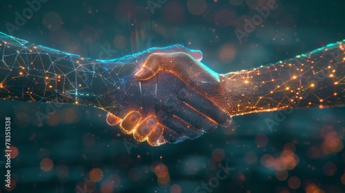 Imaginative visual business handshake with computer graphic of investment data . Futuristic business marketing and partnership deals . 3D Rendering .