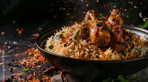 indian chicken biryani, Spicy chicken biryani food photography, flying food, black background. photo