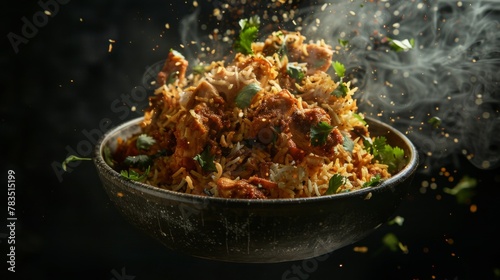 indian chicken biryani, Spicy chicken biryani food photography, flying food, black background. photo