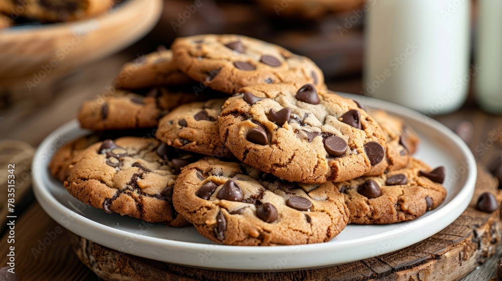 Pile of Delicious Chocolate Chip Cookies on a White Plate with Milk Bottles Pile of Delicious Chocolate Chip Cookies on a White Plate with Milk Bottles