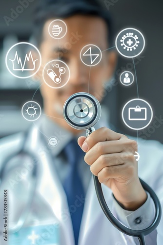 A doctor holding up his stethoscope with medical icons floating around it, representing the use of technology in healthcare The background is light blue and white to highlight the subject