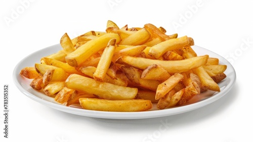 Plate of tasty French fries on white background