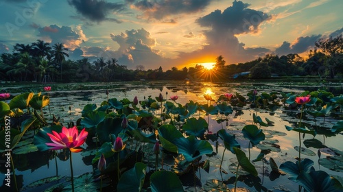 Lotus pond with Sunset in Sakon Nakhon City #783515527