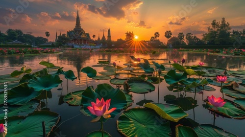 Lotus pond with Sunset in Sakon Nakhon City photo