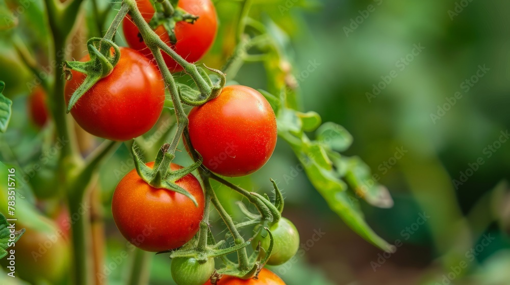 Ripe red tomatoes are on the green foliage background, hanging on the vine of a tomato tree in the garden.