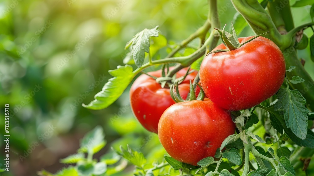Ripe red tomatoes are on the green foliage background, hanging on the vine of a tomato tree in the garden.