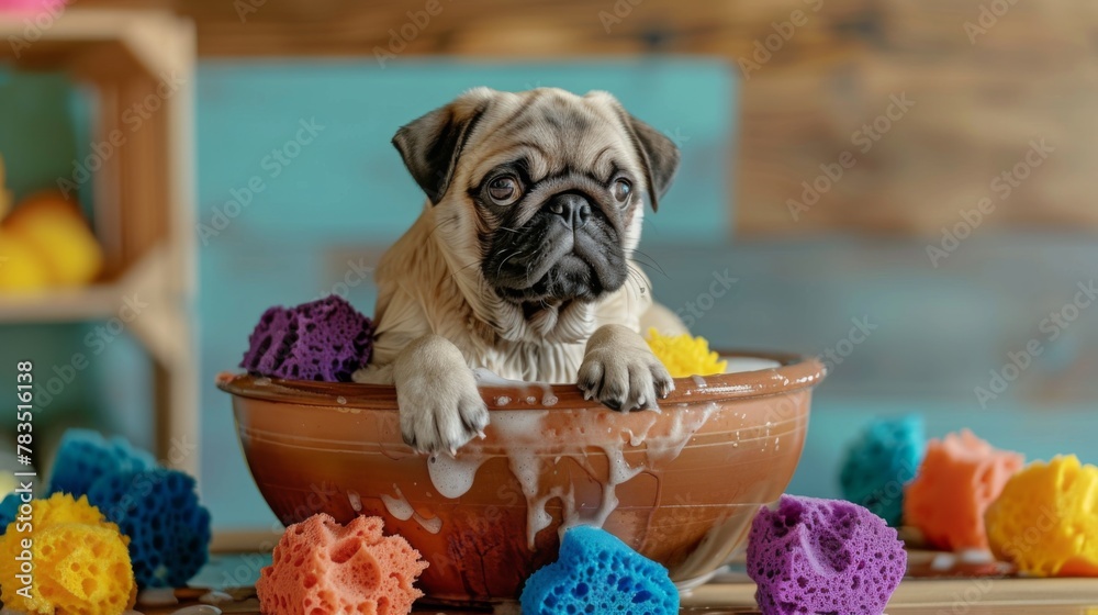 Pug lying to bath in a brown bowl with colorful sponge.