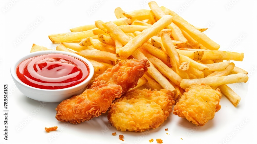 Tasty french fries, chicken nuggets and chips served with ketchup isolated on white