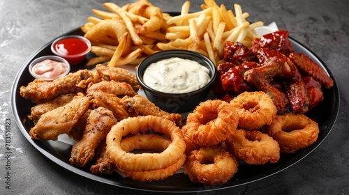 Street food plate with mozzarella sticks, chicken wings, onion rings, french fries and dip