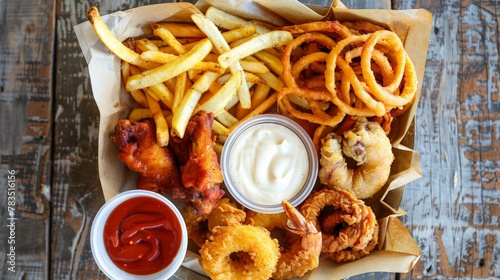Street food plate with mozzarella sticks, chicken wings, onion rings, french fries and dip