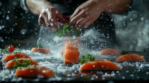 Sea cuisine, Professional cook prepares pieces of red fish, salmon, trout with greens. Frost in the air, Cooking seafood, healthy vegetarian food and food on a dark background. Horizontal view. Banner