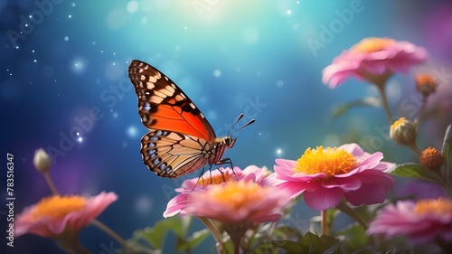 Bright butterfly perched atop a flower over a dreamy, glowing background, representing the peace and beauty of nature. © UZAIR