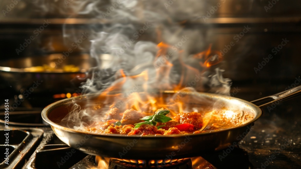 Sizzling Food in a Frying Pan, Cooking Delicious Meal in a Skillet, Chef's Frying Pan with Tasty Dish, Culinary Art: Pan-Frying Perfection, Kitchen Cooking: Frying Pan on Stove Sizzling Food in a Frying Pan, Cooking Delicious Meal in a Skillet, Chef's Frying Pan with Tasty Dish, Culinary Art: Pan-Frying Perfection, Kitchen Cooking: Frying Pan on Stove