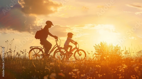 Silhouettes family is together at sunset. Girl learning to ride bicycle, mother teach his daughter to ride a bike in the sunset. photo