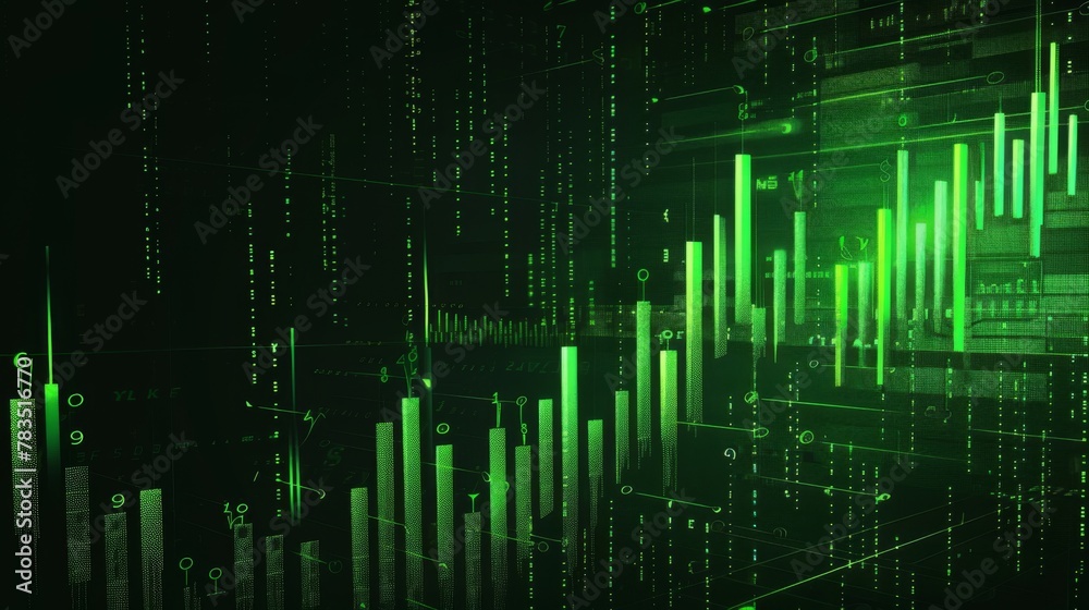 Stock market chart with green candlesticks going up indicating crypto rising in value. Graphical representation of volumes and time intervals of digital cryptocurrency past price movements