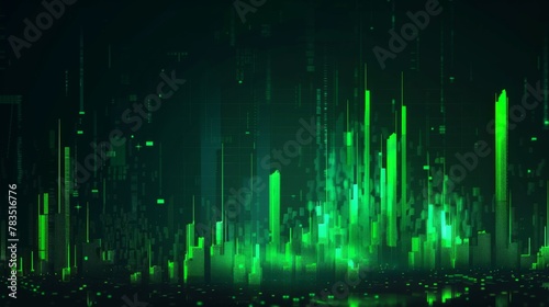 Stock market chart with green candlesticks going up indicating crypto rising in value. Graphical representation of volumes and time intervals of digital cryptocurrency past price movements