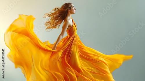 Elegant woman dancing while soaring on the wind in a golden silk dress. On a grey background, a stunning model in a yellow gown waves. Joyful Young Woman in Imaginary Clothes