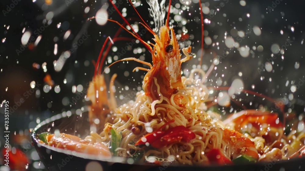 Super slow motion of flying asian wok noodles with prawns and vegetable. Filmed on high speed cinema camera, 1000 fps. Speed ramp effect. - obrazy, fototapety, plakaty 